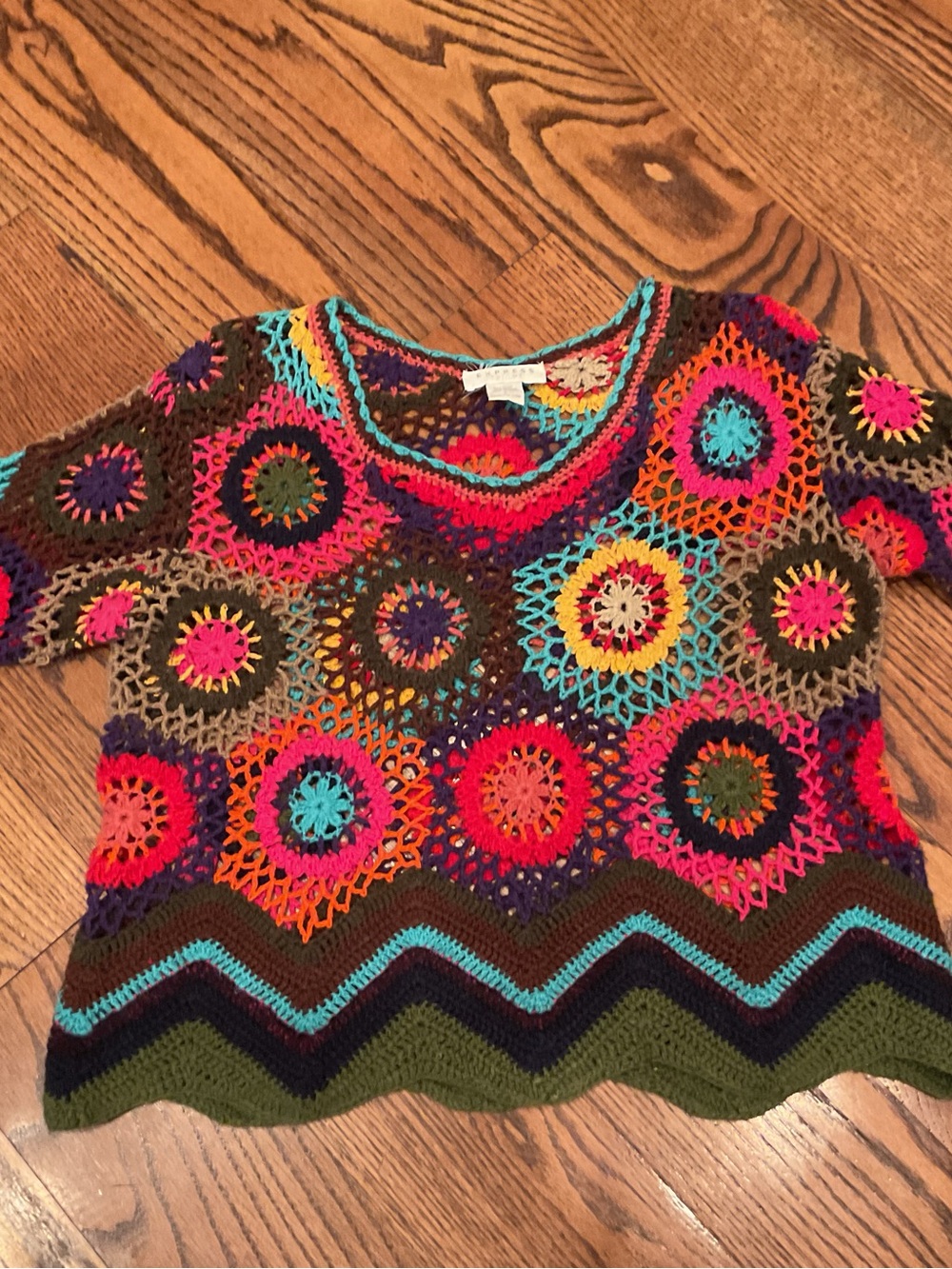 VINTAGE Crochet Multicolor Scoop-Neck Sweater TOTALLY BOHO HIPPIE
